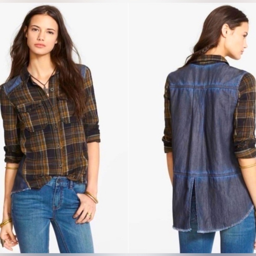 Free People Road Trip Getaway Mixed Media Button Down Shirt
